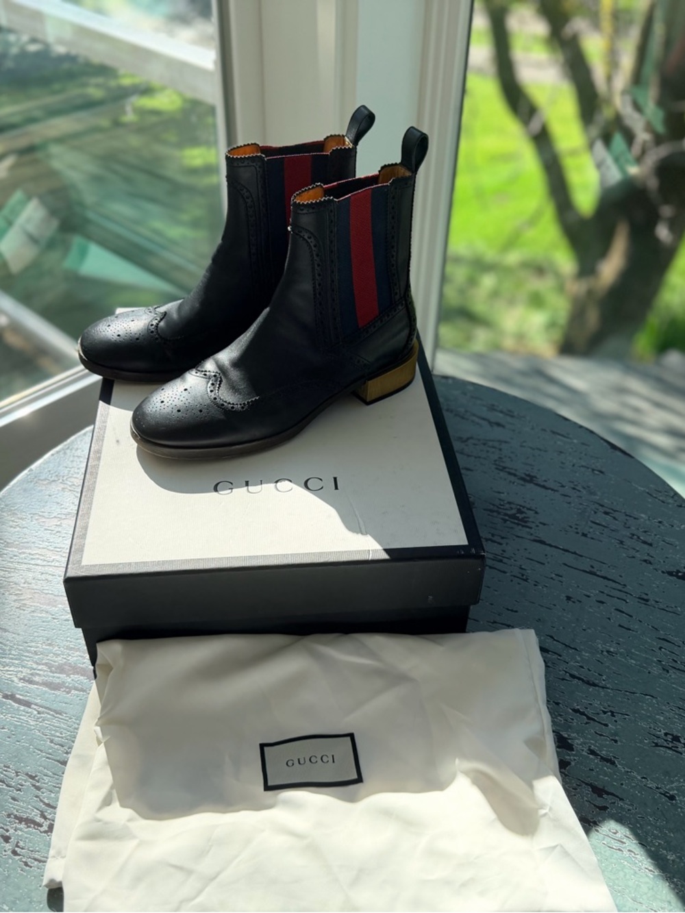 Gucci Black Leather Chelsea Boots with Red and Blue Elastic Panels